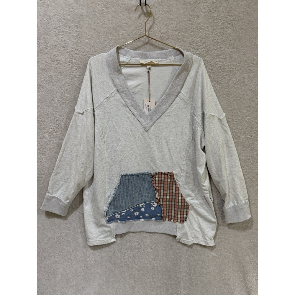 Blue Velvet Patchwork Oversized Vneck W/Mixed Prints & Raw Edge Star Medium Flaw